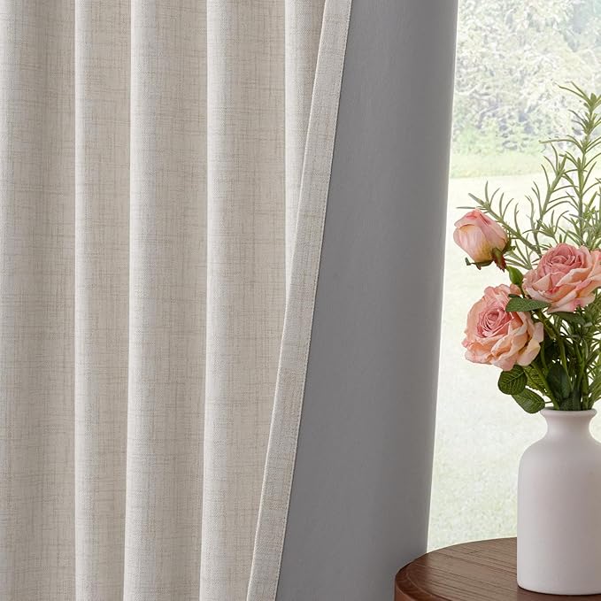 INOVADAY 100% Blackout Curtains for Bedroom, Black Out Curtains 90 Inch Long, Clip Rings Linen Blackout Drapes, Thermal Insulated Room Darkening for Living Room, 2 Panels - Beige,W50xL90