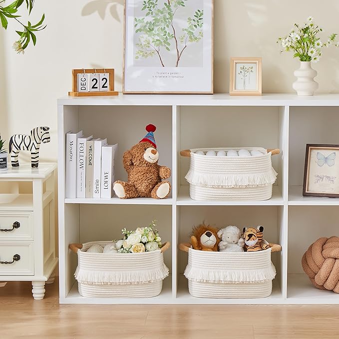 Storage Bins Woven Baskets for Storage Set of 3, Cotton Rope Basket with Handles for Toys/Shelves/Laundry, Rectangle Multi-Purpose Organizer for Living Room, Bedroom, Nursery (White)