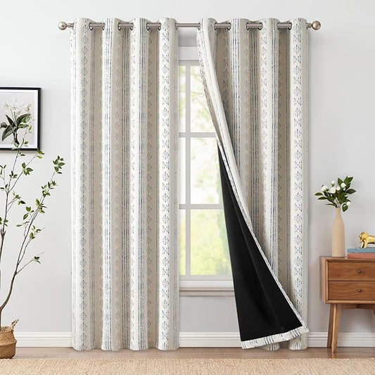 jinchan 95% Blackout Boho Curtains 96 Inch Length for Bedroom Living Room Blue on Beige Geometric Printed Grommet Top Room Darkening Thermal Insulated Window Drapes 2 Panels