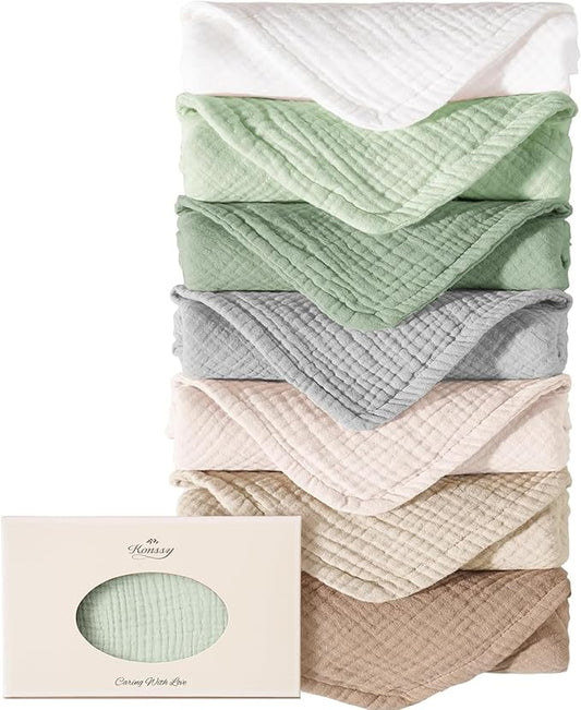 Konssy Muslin Baby Burp Cloths Sets for Unisex- 7 Pack Soft 100% Cotton Burping Clothes for Newborn，Baby Girls and Boys