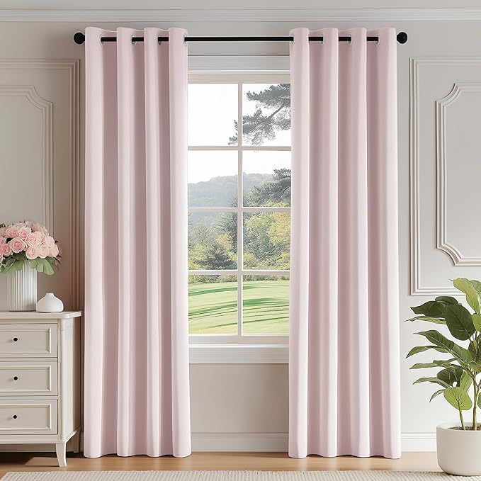 FMFUNCTEX 100% Blackout Curtains for Bedroom, Pale Pink Curtains 96 Inches Long Textured Thermal Insulated Curtains for Living Room Drapes, Black Out Drapery Grommet Room Darkening 2 Panels