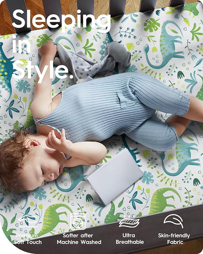 TotBasic Dinosaur Crib Sheets for Boys, Premium Soft Crib Mattress Fitted Sheet, Ultra Breathable Baby Sheets, Super Stretchy Baby Bed Sheets 28x52x9 Extra Deep Pocket, 2 Pack