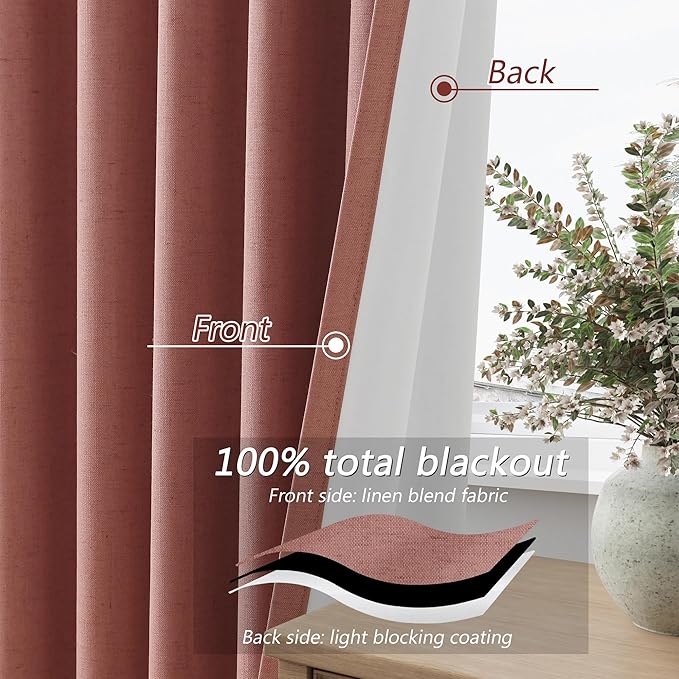 Guken 100% Blackout Curtains 80 Inch Length 2 Panels Set for Girls Bedroom Back Tab Thermal Insulated Black Out Linen Drapes Room Darkening Window Curtains 80 Inches Long,Dusty Rose