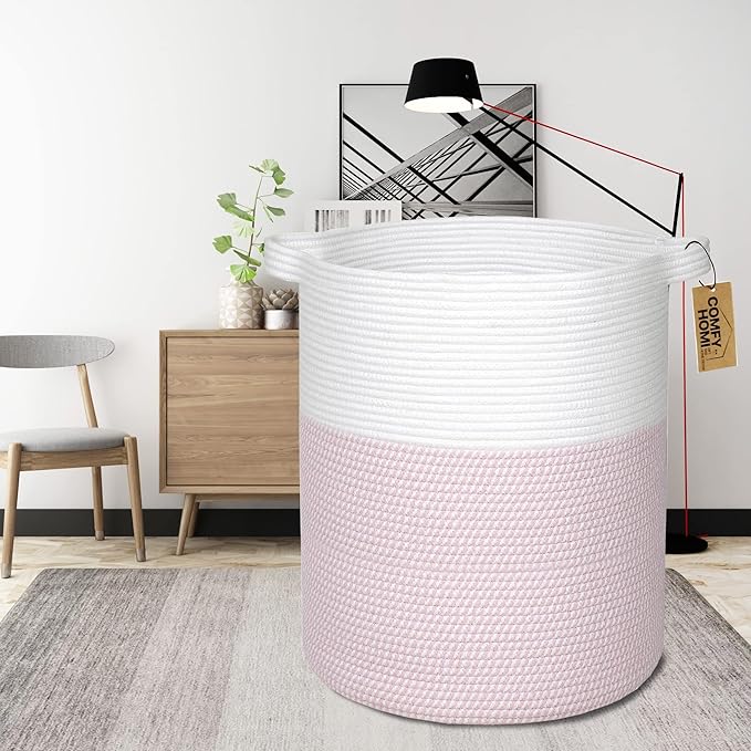 COMFY-HOMI XXL Large Laundry Basket with Handles Blanket Baskets Living Room|Woven Cotton Rope Decorative Basket Laundry Hamper Baby Basket Nursery Dog Toy Storage Organizer Bin-16”x18”-White/Pink