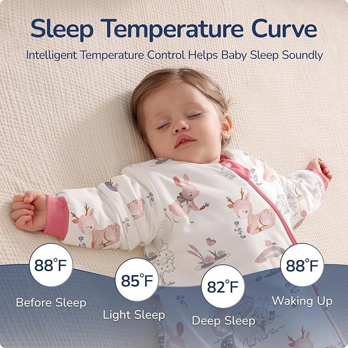 Baby Sleep Sack 6–12 Months, 2.5 TOG Warm Cotton Sleep Sack with Detachable Long Sleeves, Winter Wearable Blanket for Cold Nights, 2-Way Zipper Toddler Sleeping Sack, Bunny