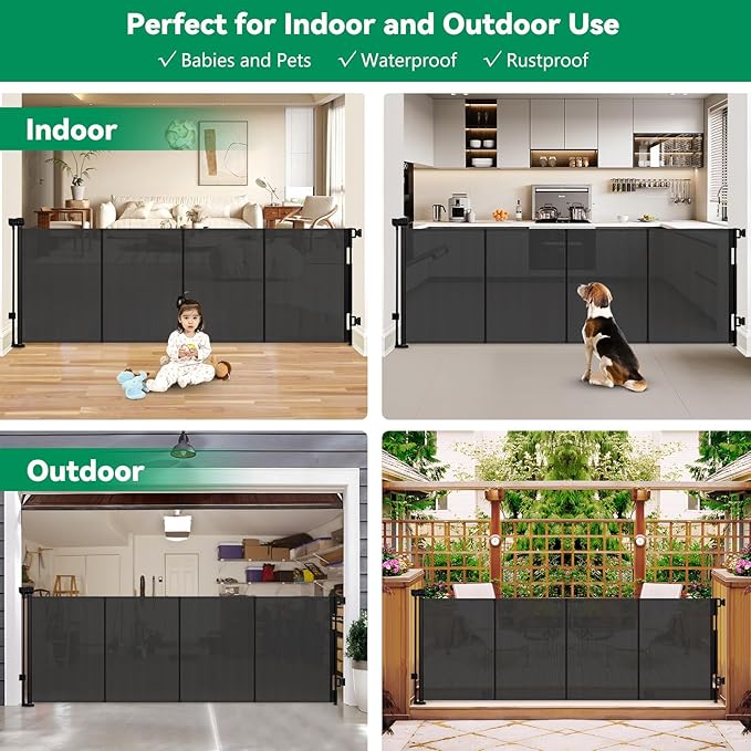 Reinforced 85" Wide Retractable Baby Gates Extra Wide Retractable Dog Gate with Support Rods – Prevent Crawling Under, Indoor Wide Baby Gate Outdoor Retractable Gate, Puppy Gates for The House, Black