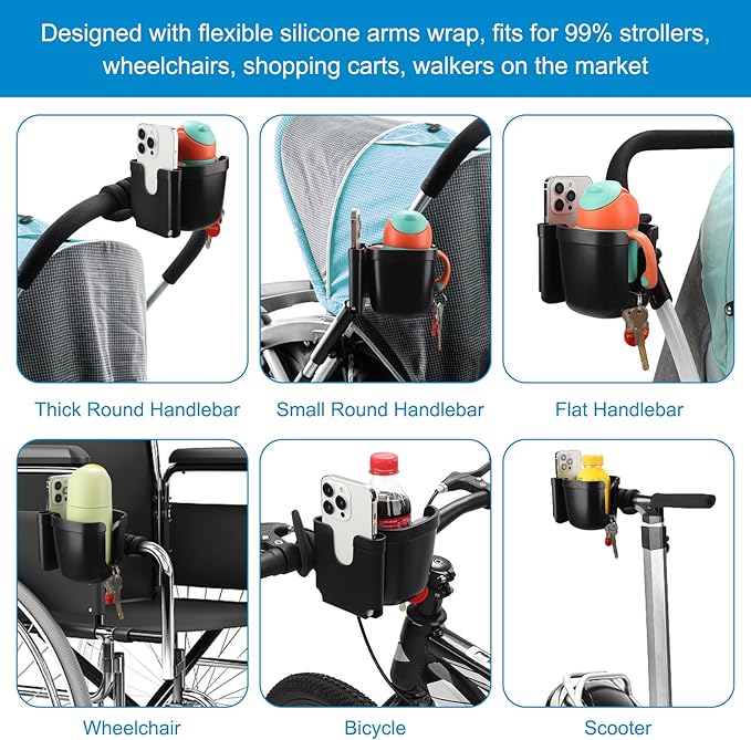 Accmor Stroller Cup Holder, Universal Cup Holder for Uppababy Nuna Doona Strollers, Bottle Drinks Holder for Wheelchair, Walker, Bike, Scooter