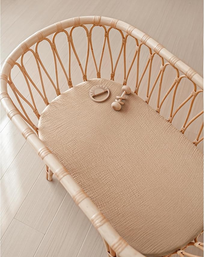 Konssy Muslin Bassinet Sheets for Baby Girl Boy, 2 Pack Soft Breathable Baby Bassinet Mattress Sheets Fit for Hourglass Oval Cradle, Moses Basket Rectangle Mattress (Camel, Sun)