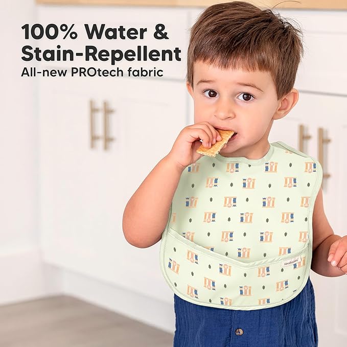 3-Pack Waterproof Baby Bibs for Eating - Lightweight Toddler Feeding Bibs with Large Food Catcher, Mess Proof, Food-Grade Baby Eating Essentials, Easy to Put On & Clean (Toy Land)