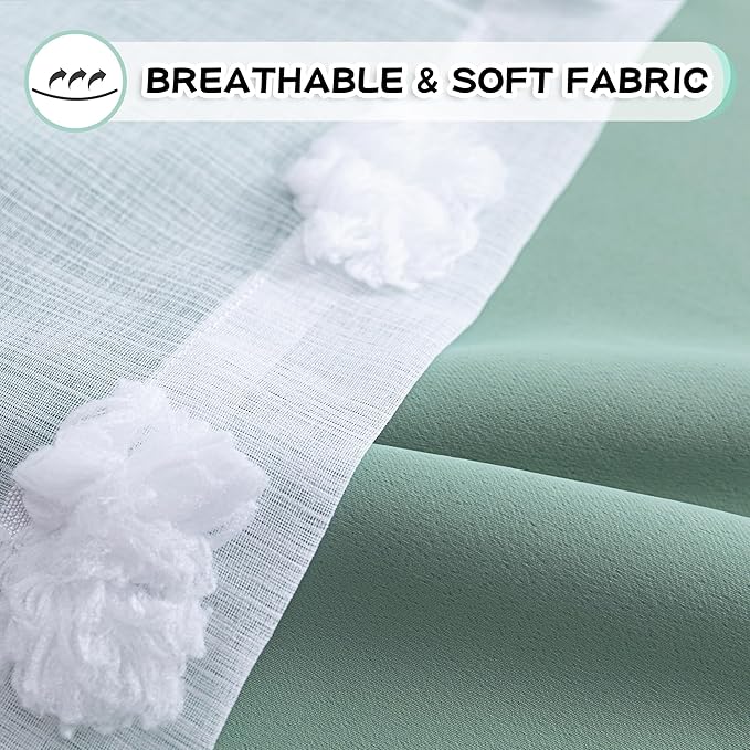 MYSKY HOME Aqua Curtains for Bedroom 54 Inch Long Double Layer Curtains for Kids Room Kithen White Pom Pom Sheer Nursery Curtains Short Grommet Room Darkening Small Window Curtains 2 Panels 52" x 54"