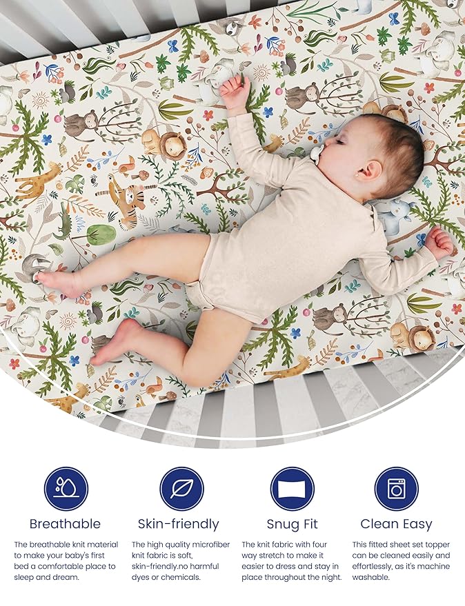 TotAha Premium Soft Graco Pack n Play Sheets Fitted, Super Stretchy Jersey Knit Mini Crib Sheets Fitted, Silky Comfort Pack and Play Mattress Sheets, 2 Pack (Happy Zoo & Jungle)
