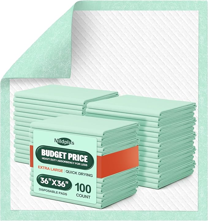 MILDPLUS 100 Count Disposable Bed Pads , 36x36 Inch Extra Large Incontinence Underpads | Heavy Absorbency 115 Grams Pee Pads for Adult, Senior, Baby & Pet Care (No Adhesive)