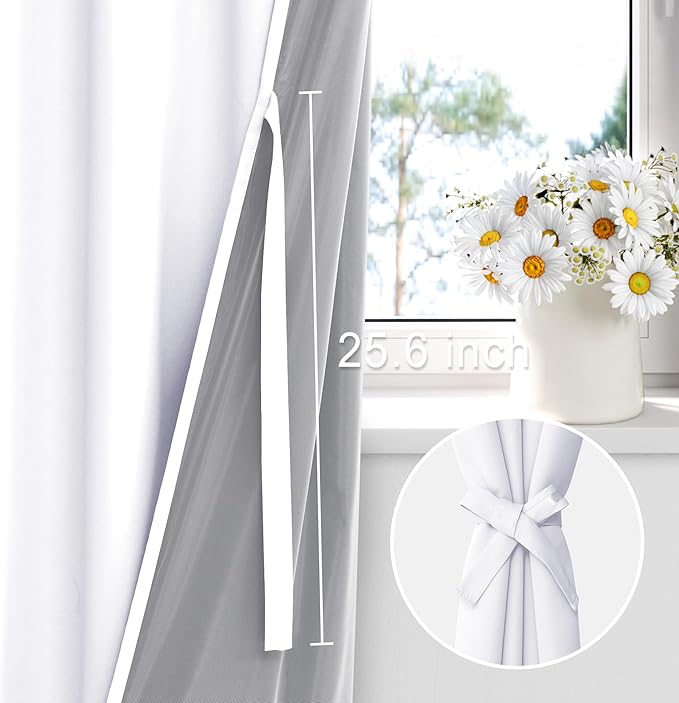 XWZO White 100% Blackout Curtains 54 Inches Long with Tiebacks- Rod Pocket & Back Tab Full Light Blocking Thermal Insulated Double Layer with Black Liner for Bedroom/Living Room, W42 x L54, Set of 2