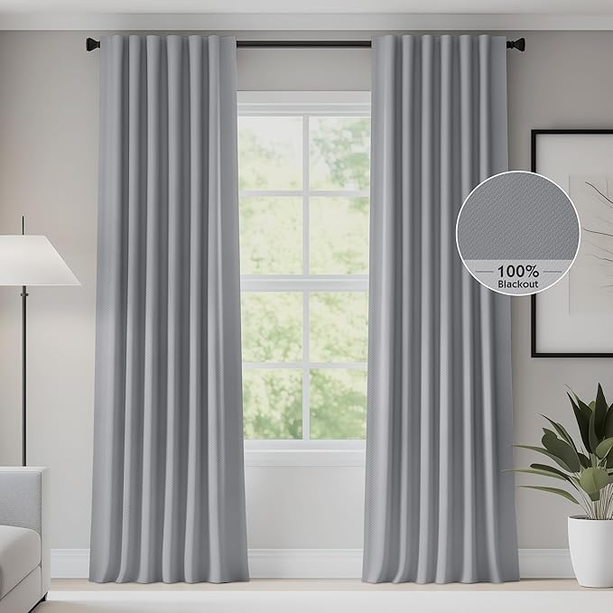 FMFUNCTEX 100% Blackout Curtains for Bedroom, Dark Grey Back Tab Curtain 63 Inch Length Drapery Thermal Insulated Curtains for Living Room, Black Out Drapes Rod Pocket Room Darkening 2 Panels