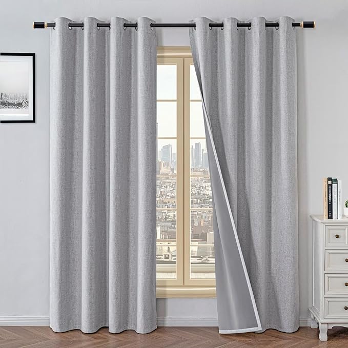100% Blackout Curtains 96 Inch Long 2 Panels Set, Faux Linen Black Out Curtains for Bedroom Living Room, Thermal Insulated Room Darkening Drapes Grommet(W52 x L96, Greyish White)