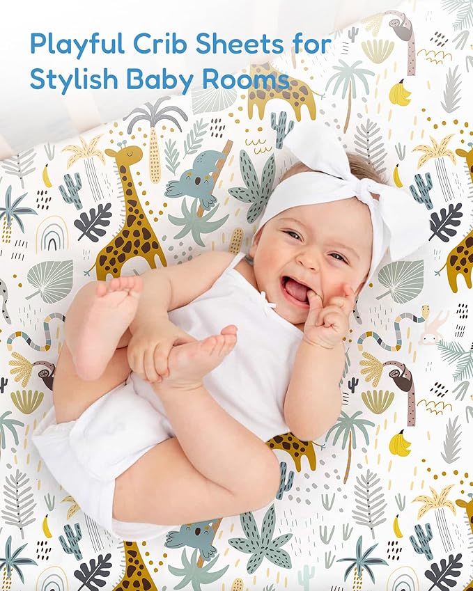 Baby Crib Sheets for Standard Crib Mattress - Green+Giraff, Soft Jersey Knit, Safe and Snug, for 28''x52''x9'' Extra Deep Pocket