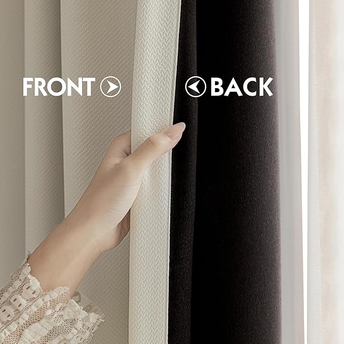 FMFUNCTEX 100% Beige Blackout Curtains for Bedroom, Cream Weave Textured Curtains 54 Inch Length Thermal Insulated Curtains for Living Room, Farmhouse Drapes Grommet Room Darkening 2 Panels