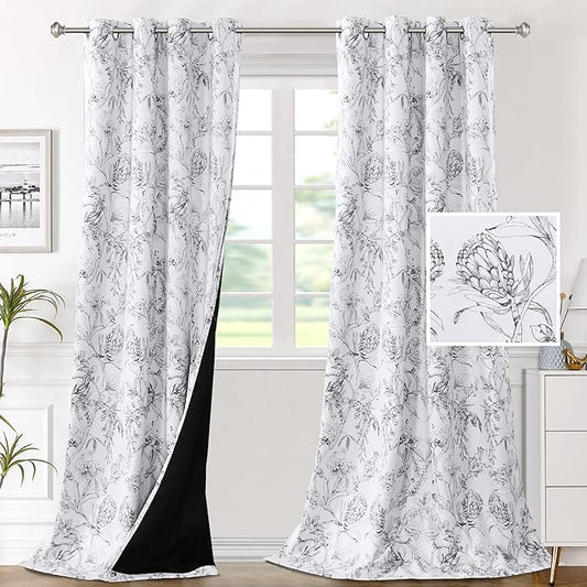 H.VERSAILTEX 100% Blackout Curtains for Living Room Camellia Floral Blackout Curtains 108 Inches Long Light Blocking Window Treatment Curtains with Black Liner Grommet Thermal Drapes, 2 Panels, Grey