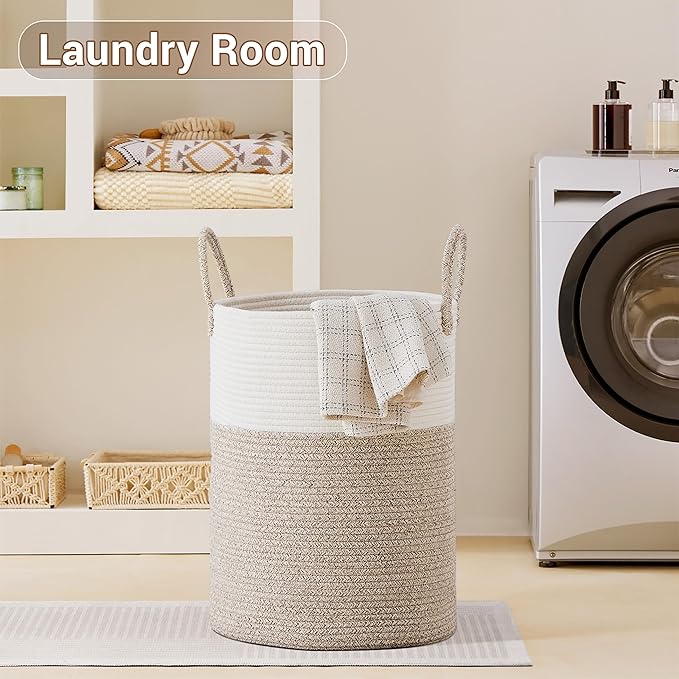 Tall Laundry Basket with Handles, 100L Portable Dirty Clothes Hamper, Boho Cotton Rope Storage Bin for Blankets Kids Toys Gifts, Extra Large Organizer for Baby Nursery Bedroom Bathroom, Brown