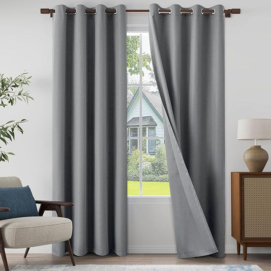 100% Blackout Linen Textured Curtains 95 Inch Length 2 Panels Set for Living Room, Bedroom, Light Weight Curtains with Grommets Top, Full Blackout Curtains Privacy Protection, Gray, 52" W x 95" L