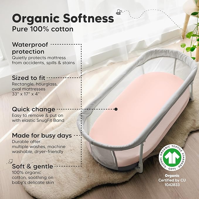 2-pk Waterproof Bassinet Sheets Girls, Boys, Cotton - 33x17 Universal Bassinet Mattress Pad Protector Cover, Compatible with Graco, Baby Delight, Chicco, Halo Bassinest Swivel Sleeper Fitted (Cameo)