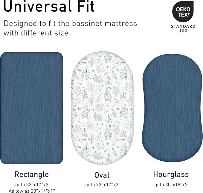 Muslin Bassinet Fitted Sheets, 2 Pack for Baby Boy and Girl, Soft Breathable Baby Pad/Mattress Sheet, Fit for Hourglass Oval and Rectangle Bassinet Mattress (Blue Deer)