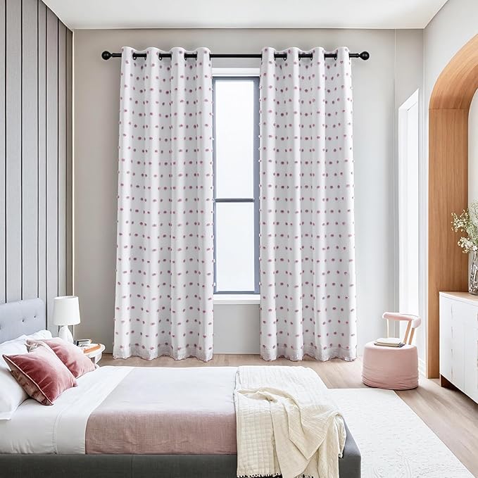 MYSKY HOME 100% Blackout Curtains for Living Room 95 Inch Long Total Light Blocking Curtains for Sliding Door 2 Panels Grommet Room Darkening Girls Bedroom Drapes with Purple Pom Pom Sheer 52 x 95 in