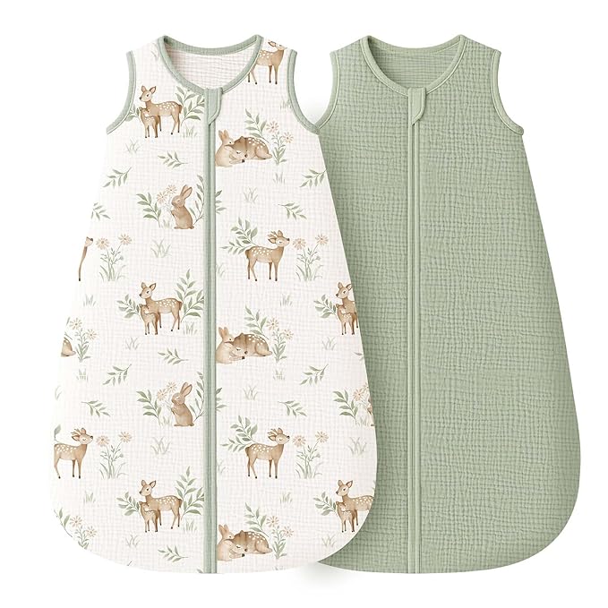 Konssy Muslin Baby Sleep Sack 18-24 Months 0.8 TOG, 2 Pack 100% Cotton Wearable Blanket for Babies, 2-Way Zipper Breathable Sleeping Sack Infant Toddler Essentials for Girls and Boys (Woodland,Sage)