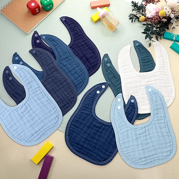 Frienda 8 Pcs Muslin Baby Bibs Cotton Bandana Drool Bibs Bulk for Newborn Infant 6 Absorbent Layers Feeding Accessory