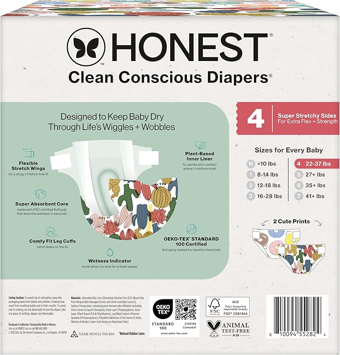 The Honest Company Comfort Dry Disposable Diapers for Sensitive Skin, Hypoallergenic, Fragrance-Free, Donut Grow Up + Cactus Cuties, Club Box, Size 4 (22-37 lbs), 54 Count