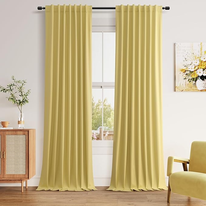 Guken Yellow 100% Blackout Curtains 96 Inch Length 2 Panels Set for Living Room Bedroom Back Tab Thermal Insulated Black Out Linen Drapes Room Darkening Window Curtains 96 Inches Long