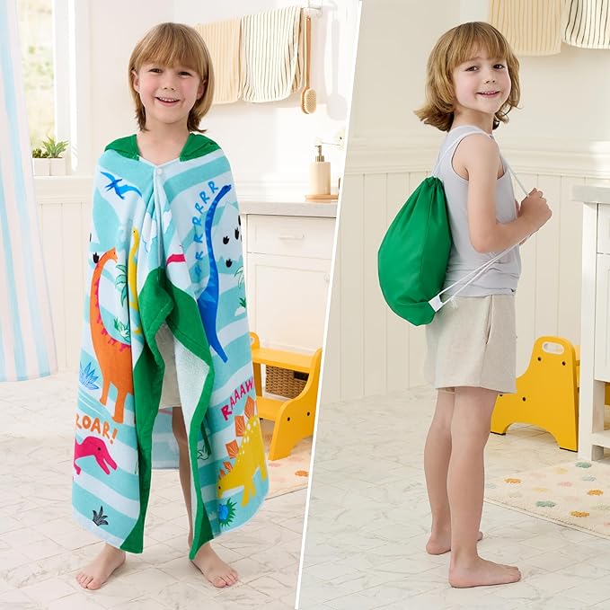 Joiedomi Hooded Towels for Kids Dinosaur Print Soft 100% Cotton Kids Beach Towel 30" x 50" for 3-10 Years Boys Girls Beach Hooded Poncho Absorbent Pool Toddler Swim Bath Wrap