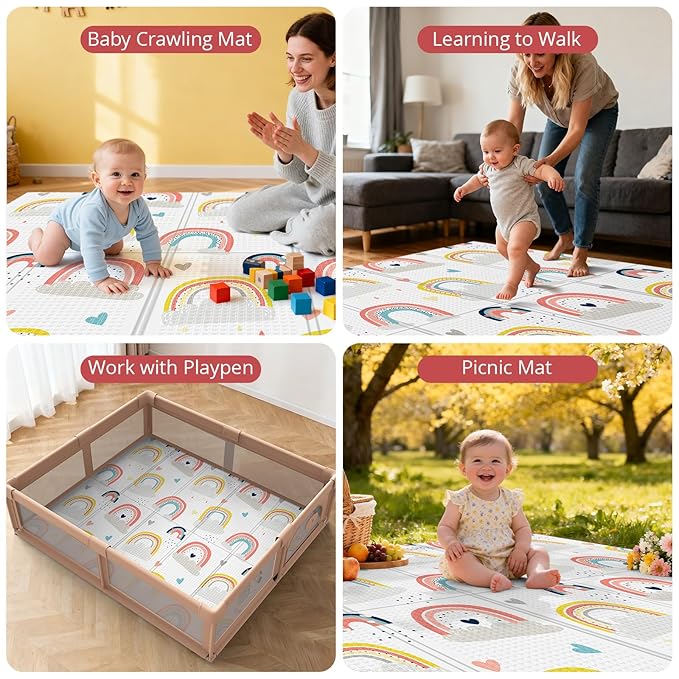 71x59 Foldable Foam Baby Play Mat for Floor, Babies Activity Tummy Time Playmat, Kids Non Toxic Foam Thick Play Mat for Baby, Toddlers, Waterproof & Anti-slip Crawling Mats,Rainbow,71x59x0.4