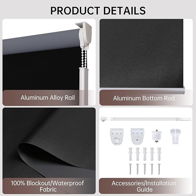 Allbright 100% Blackout Cordless Roller Shades for Windows, Thermal Insulated UV Protection, Window Roller Blinds for Home, Office, Bedroom, Door, 31" W x 72" H, Black