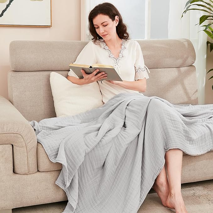 EMME Cotton Muslin King Blanket Big Oversized Bed Layering Bedspread Coverlet Breathable Gauze Soft Lightweight Blankets (Light Grey, 120"x94")