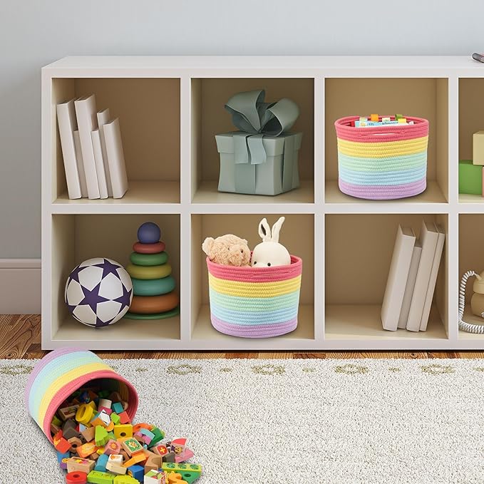 Woven Cotton Rope Storage Baskets - 3-Pack Round Bins for (10x10x7'') Shelves, Closets & Bookcases | Durable Rope Organizers for Nursery, Baby, Gifts, Easter & More (rainbow)