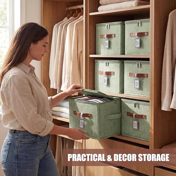 6 Pack Fabric Closet Storage Bins with Zipper Lids and Label, 10×8×7In Large Size Foldable Cotton Linen Storage Cubes Boxes with PU Leather Handles Holders for Bedroom, Shelf, Nursery, Green
