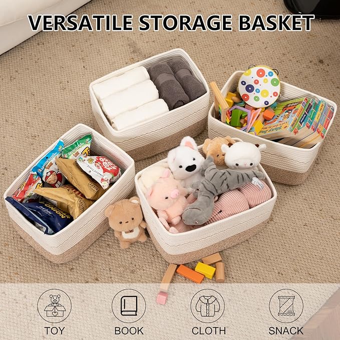 4 Pack Storage Baskets for Organizing, 15.75''x11.8''x7.87'', Decorative Cotton Rope Baskets for Shelves, Small Woven Basket for Toys, Books and Towels, Brown&White