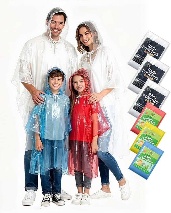 Hitituto Rain Ponchos Family Pack Kids– 6/12/24 Pack Disposable Poncho with Hood, Clear & Assorted Colors, Home Survival Kits