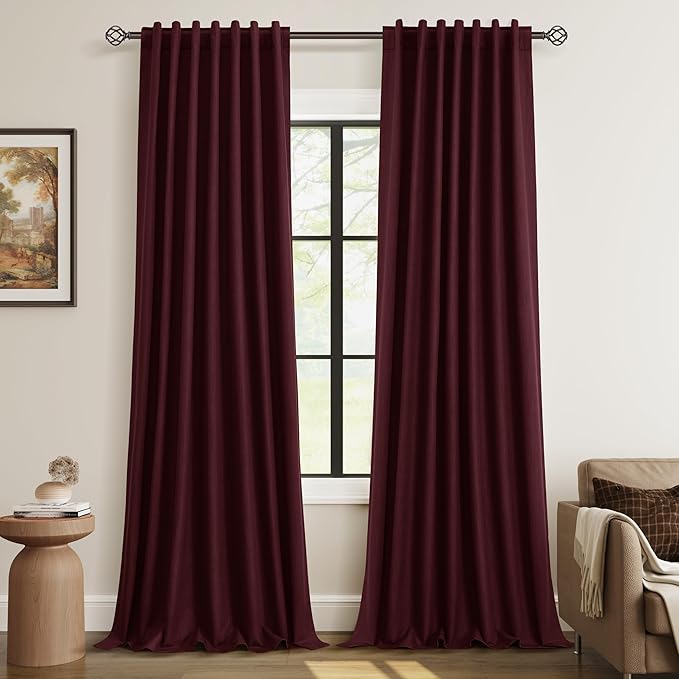 Guken 100% Blackout Curtains 100 Inch Length 2 Panels Set for Living Room Bedroom Back Tab Thermal Insulated Black Out Linen Drapes Room Darkening Window Curtains 100 Inches Long,Burgundy