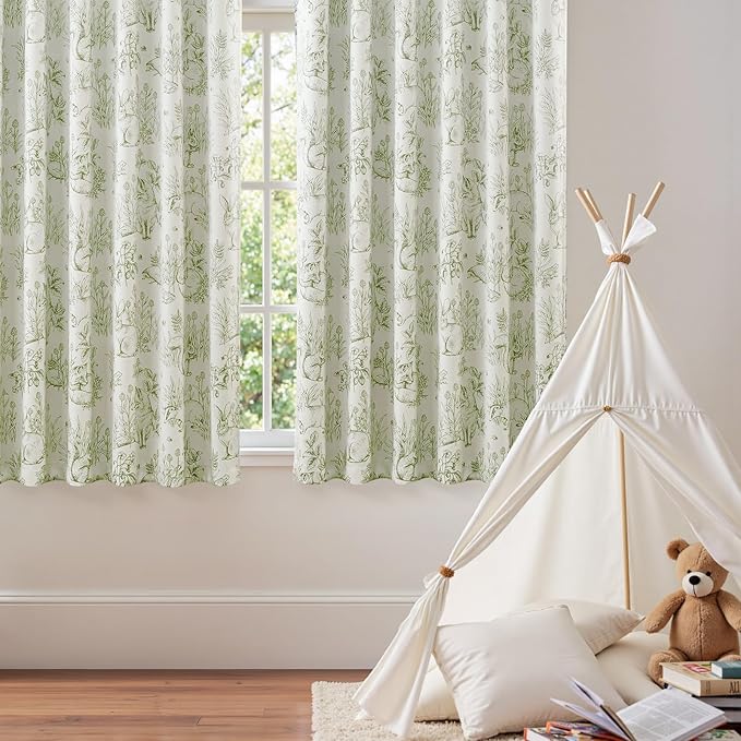 jinchan 95% Blackout Nursery Curtains 63 Inches Long, Bunny Woodland Toile Curtains Sage Green on Beige Animal Printed Drapes Rod Pocket Thermal Insulated Bedroom Farmhouse Window Treatment 2 Panels