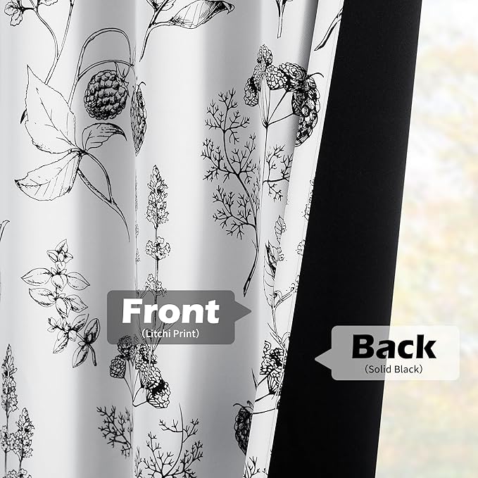 FMFUNCTEX 100% Blackout Floral Curtains 84 Inches Long for Bedroom, Black and White Leaf Drapes for Living Room, Farmhouse Rod Pocket Back Tab Room Darkening Thermal Insulated Window Drapes 2 Panels