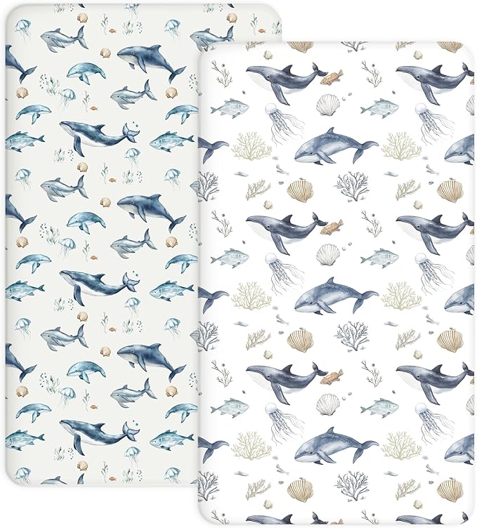 Pack and Play Sheets 2 Pack, Fitted Jersey Knit Mini Crib Sheets for Baby Boys and Girls, Compatible with Graco Pack N Play and Mini Crib Mattress (Aquatic Adventures, Pack N Play/Mini Crib Sheets)