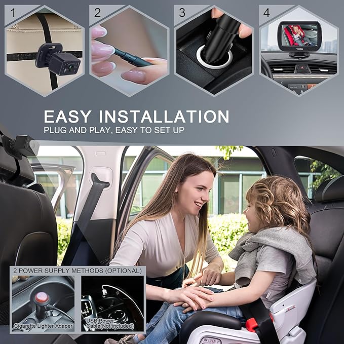 YIMU HD720P Rear Seat Baby Car Camera for Backseat, Car Headrest Quick-Install Monitor, Night Vision, 360° Rotatable car Camera for Baby with 4.3 inch car Baby Monitor (KB41)