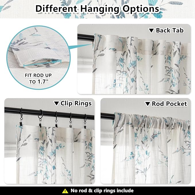 MYSKY HOME Sheer Curtains 63 Inch Length 2 Panels for Bedroom Floral Natural Linen Blended Curtains Light Filtering Privacy Protect Farmhouse Pattern Drapes Window Treatment for Living Room, Teal