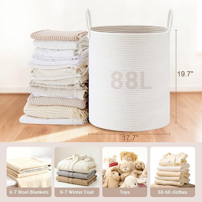 Tall Laundry Basket with Handles, 88L Portable Dirty Clothes Hamper, Boho Cotton Rope Storage Bin for Blankets Kids Toys Gifts, Large Organizer for Baby Nursery Bedroom Bathroom, White