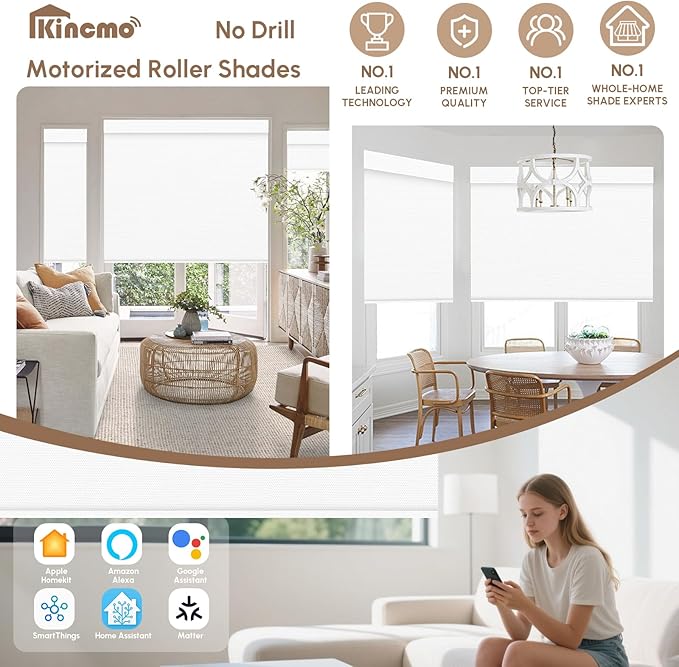 Kincmo No Drill Motorized Blinds with Remote, 100% Blackout Roller Shades for Windows, Custom Electric Blinds Compatible with Alexa, Apple Homekit, Google Home (100% Blackout Pure White)
