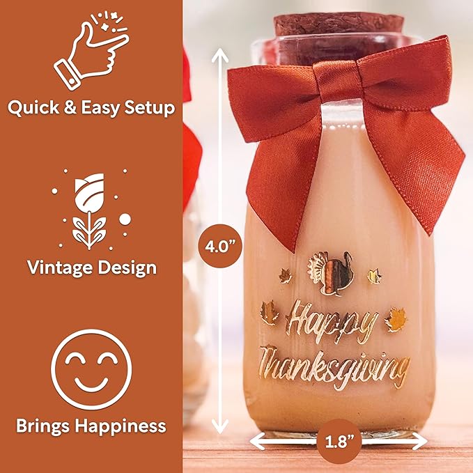 Ethisa Small 12 Pack Thanksgiving Glass Jars with Ribbons and Stickers - Candy Party Favors for Adults - Thanksgiving Party Favors and Table Centerpieces Decorations - Sturdy Decor Treat Jars