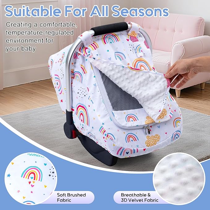 Car Seat Cover Baby Girls, Outdoor Infant Car Seat Canopy, Breathable Carseat Cover for Stroller, 2 Layers with Mesh Window & Privasy Sun Shade, Protective Baby Carrier Cover for Newborn Shower Gift