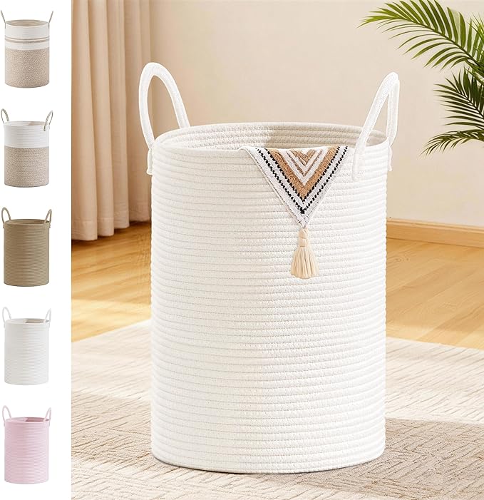 Tall Laundry Basket with Handles, 58L Portable Dirty Clothes Hamper, Boho Cotton Rope Storage Bin for Blankets Kids Toys Gifts, Decorative Organizer for Baby Nursery Bedroom Bathroom, White